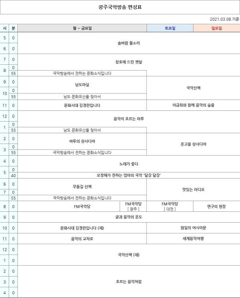 국악방송 FM라디오 광주편성표